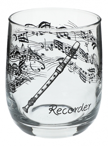 Glass with black print, various motifs - instruments / design: recorder