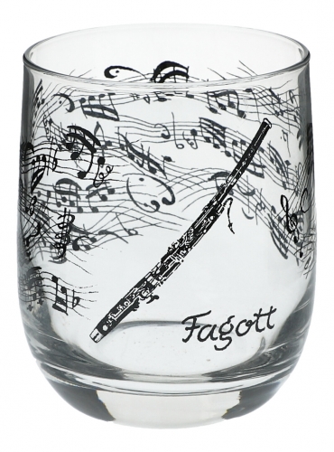 Glass with black print, various motifs - instruments / design: bassoon