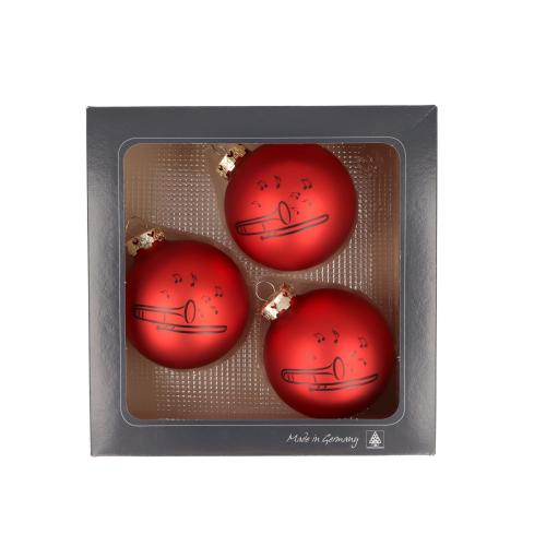 Set of 3 Christmas baubles with trombone print, various colors - Color: red mat