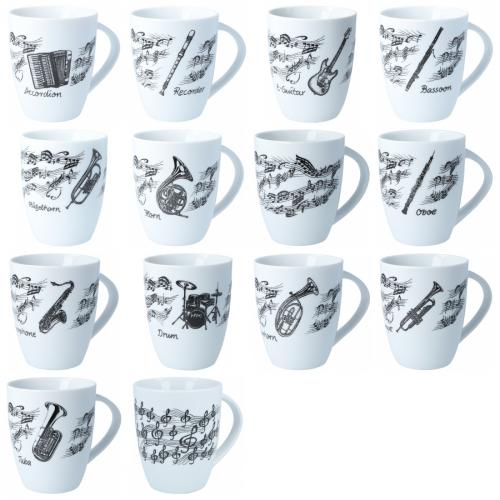 Handle cup white with black print, various motifs