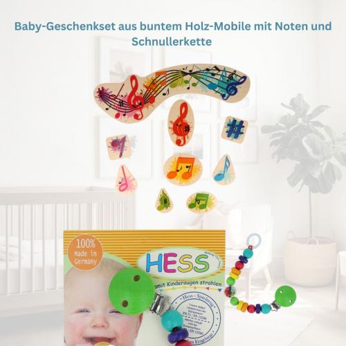 Baby gift set of colorful wooden mobile with sheet music and pacifier chain