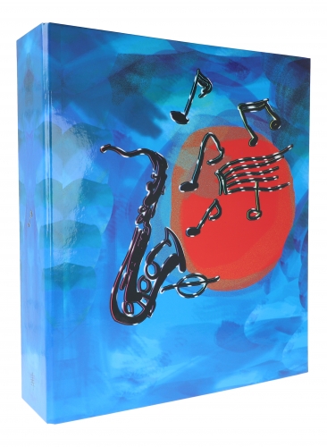 wide, blue folder with saxophone