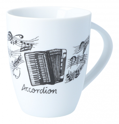 Handle cup white with black print, various motifs - instruments / design: accordion