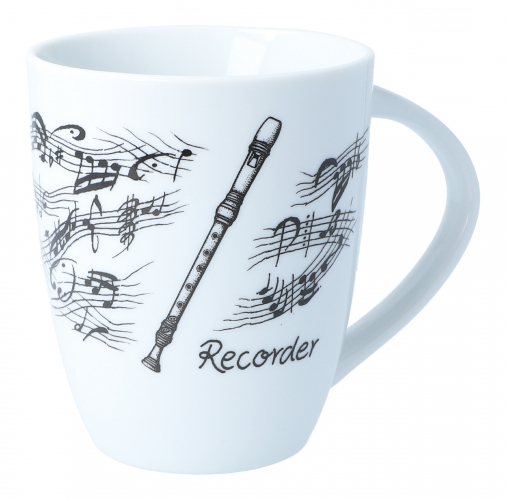 Handle cup white with black print, various motifs - instruments / design: recorder