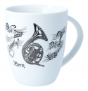 Handle cup white with black print, various motifs - Instruments / Design: Horn
