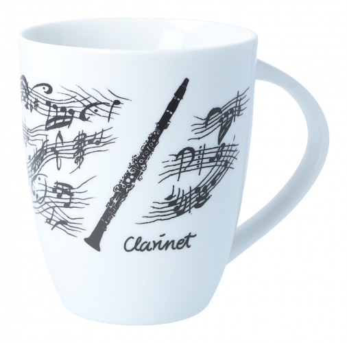 Handle cup white with black print, various motifs - instruments / design: clarinet