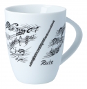 Handle cup white with black print, various motifs - instruments / design: flute