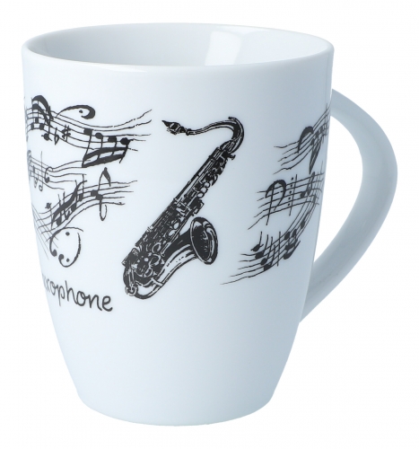 Handle cup white with black print, various motifs - instruments / design: saxophone