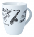 Handle cup white with black print, various motifs - instruments / design: saxophone