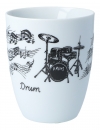 Handle cup white with black print, various motifs - instruments / design: drums