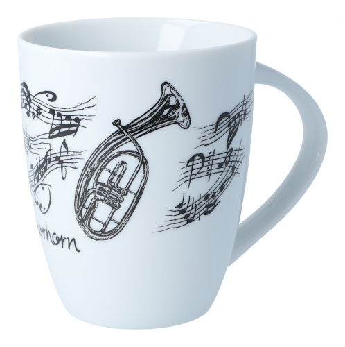 Handle cup white with black print, various motifs - Instruments / Design: Tenor horn