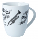 Handle cup white with black print, various motifs - instruments / design: trumpet
