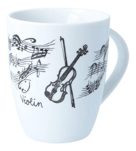 Handle cup white with black print, various motifs - instruments / design: violin