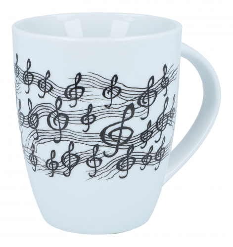 Handle cup white with black print, various motifs - instruments / design: treble clef