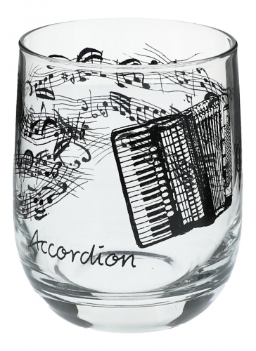 Glass with black print, various motifs - instruments / design: accordion