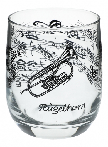Glass with black print, various motifs - instruments / design: fluegel horn