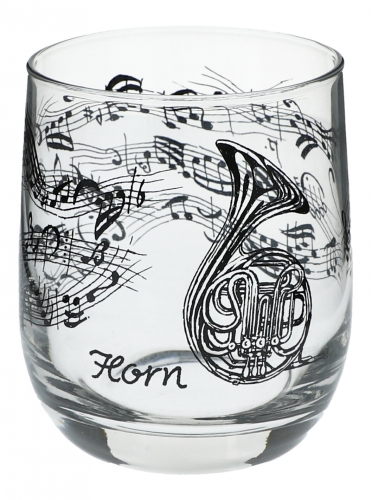 Glass with black print, various motifs - instruments / design: horn