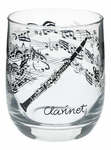 Glass with black print, various motifs - instruments / design: clarinet