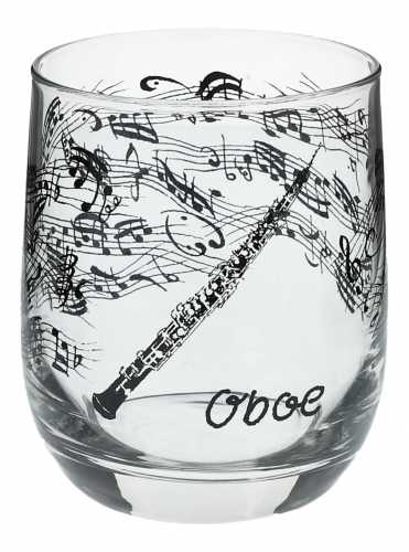 Glass with black print, various motifs - instruments / design: oboe