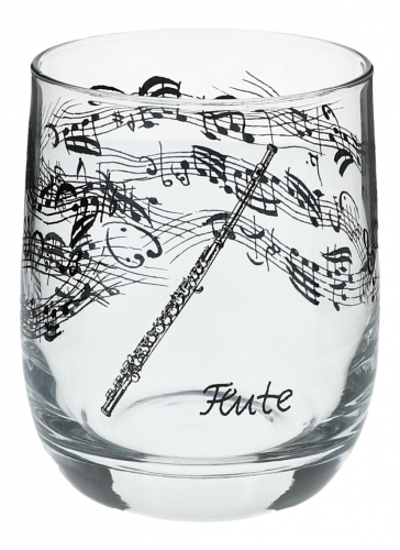 Glass with black print, various motifs - instruments / design: flute