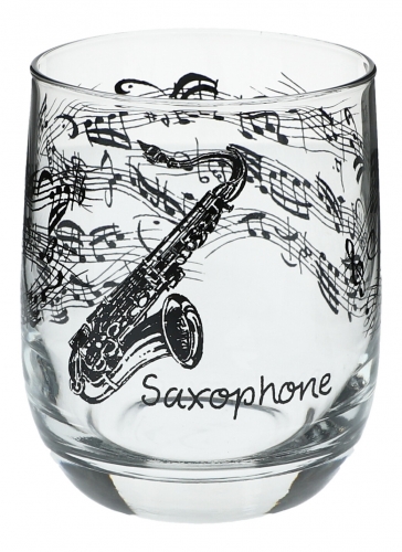Glass with black print, various motifs - instruments / design: saxophone