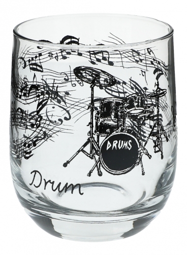 Glass with black print, various motifs - instruments / design: drums