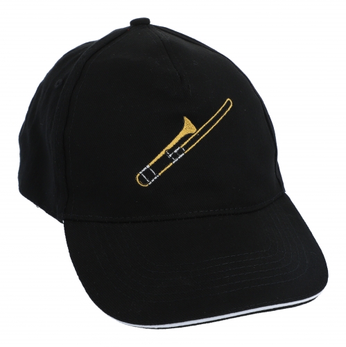Baseball cap, black, cotton, various embroidered motifs - instruments / design: trombone