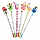 Pencils with colorful attached musical motifs of wood, instruments or notes