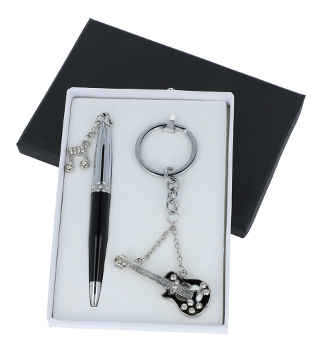 Ballpoint pen and key ring /electric guitar in a set - color: black