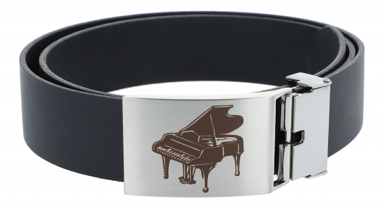Leather belt with metal buckle, piano motif - length: 115 cm