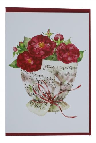 Double card, bouquet of notes, various flowers - card: red roses