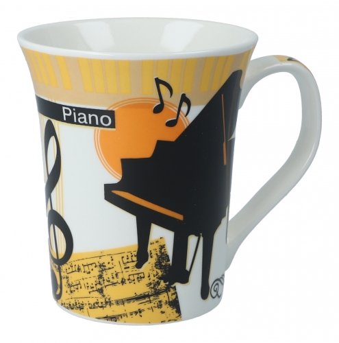 Ceramic mug in box, various instruments - instruments / design: piano