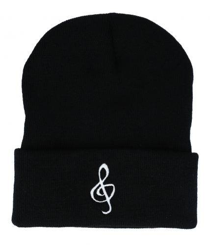 Knitted hat, one size fits all, black and white, treble clef