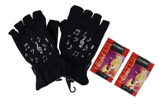 Fleece gloves with musical note motif, two sizes, short finger, with hand warmers - Size: S/M