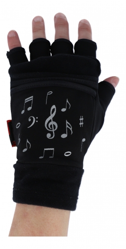 Thermal fleece gloves with musical note motif, short fingers, overflap, two sizes, with heating pad (hotliner) - Size:  S/M