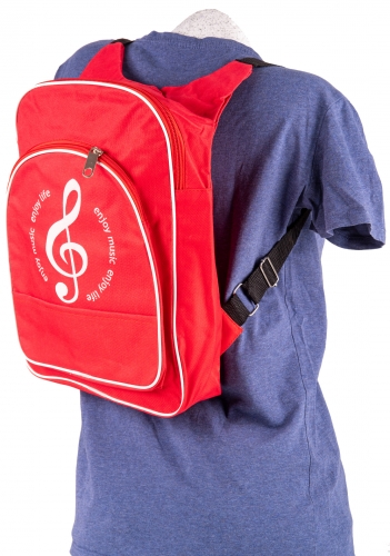 Red youth backpack, treble clef