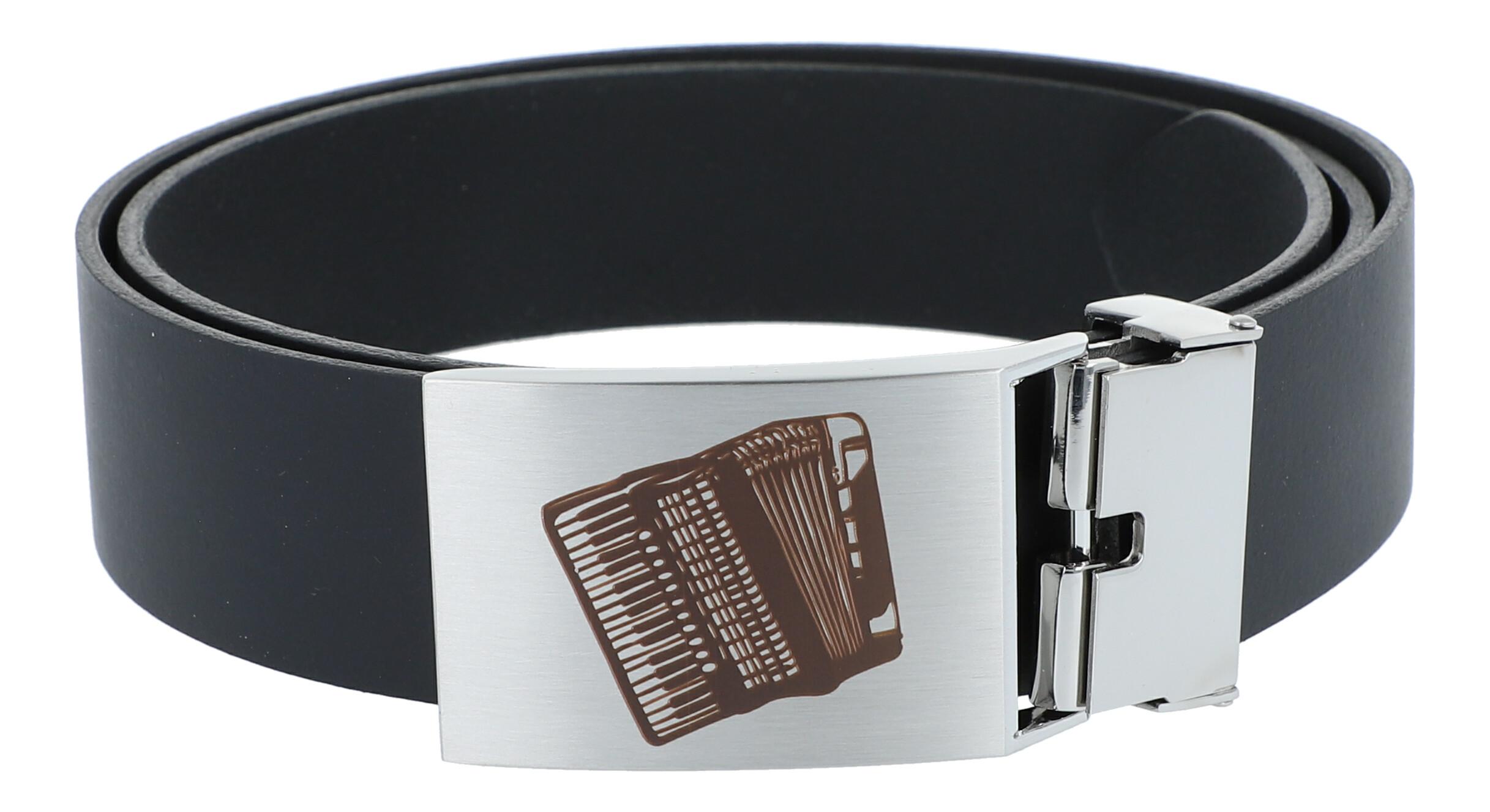 Leather belt with metal buckle,  motif accordion
