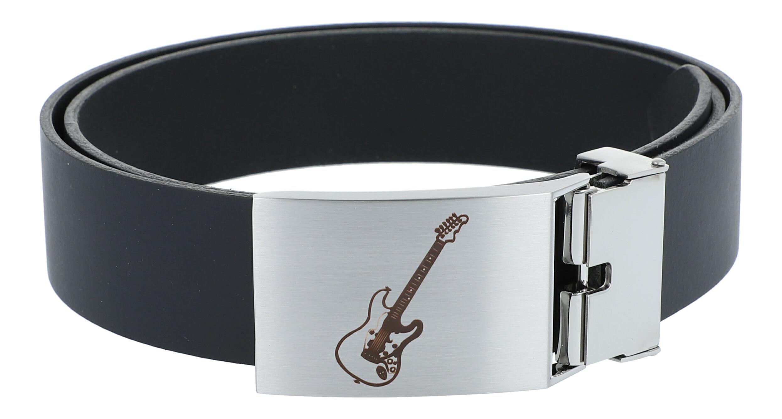 Leather belt with metal buckle, motif electric guitar