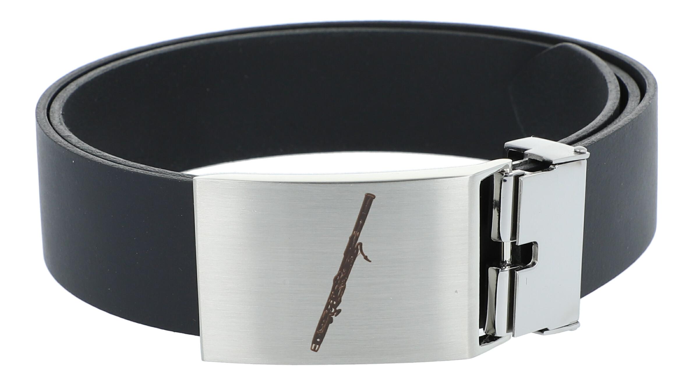Leather belt with metal buckle,  motif bassoon