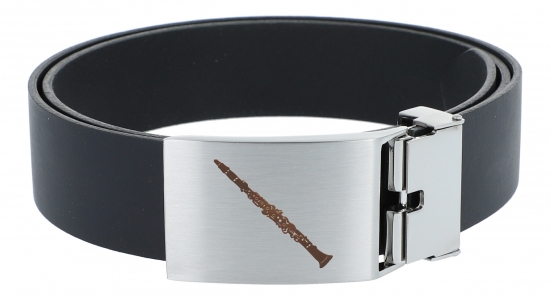 Leather belt with metal buckle,  motif clarinet