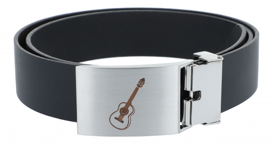 Leather belt with metal buckle, motif concert guitar