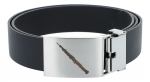 Leather belt with metal buckle, motif oboe