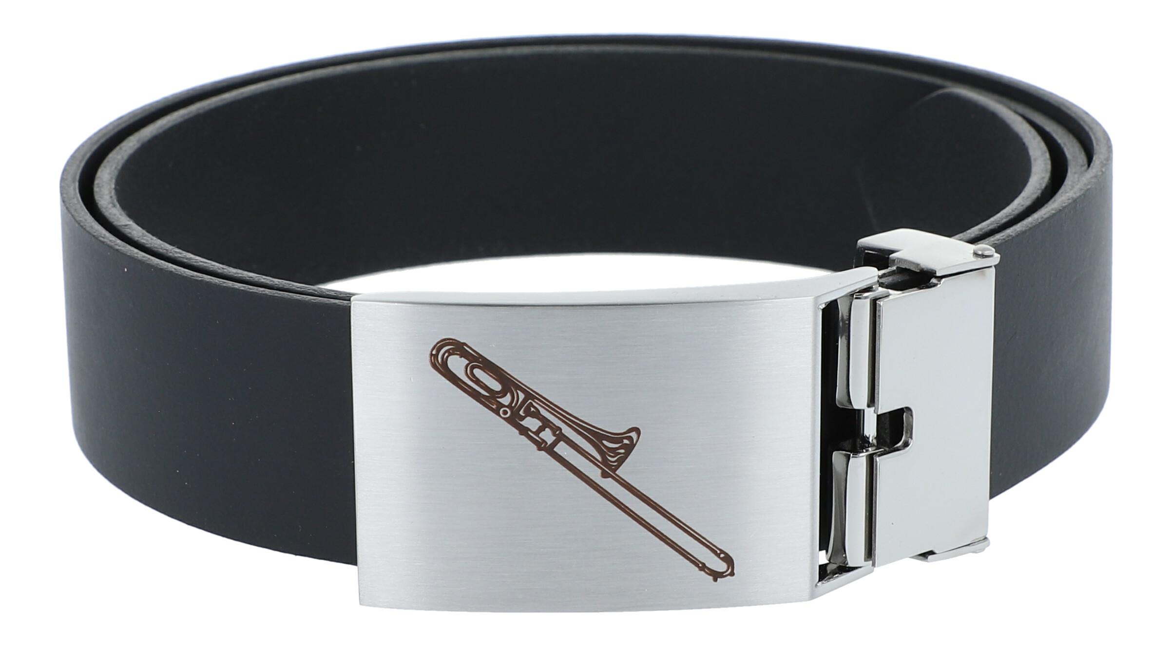 Leather belt with metal buckle, motif trombone