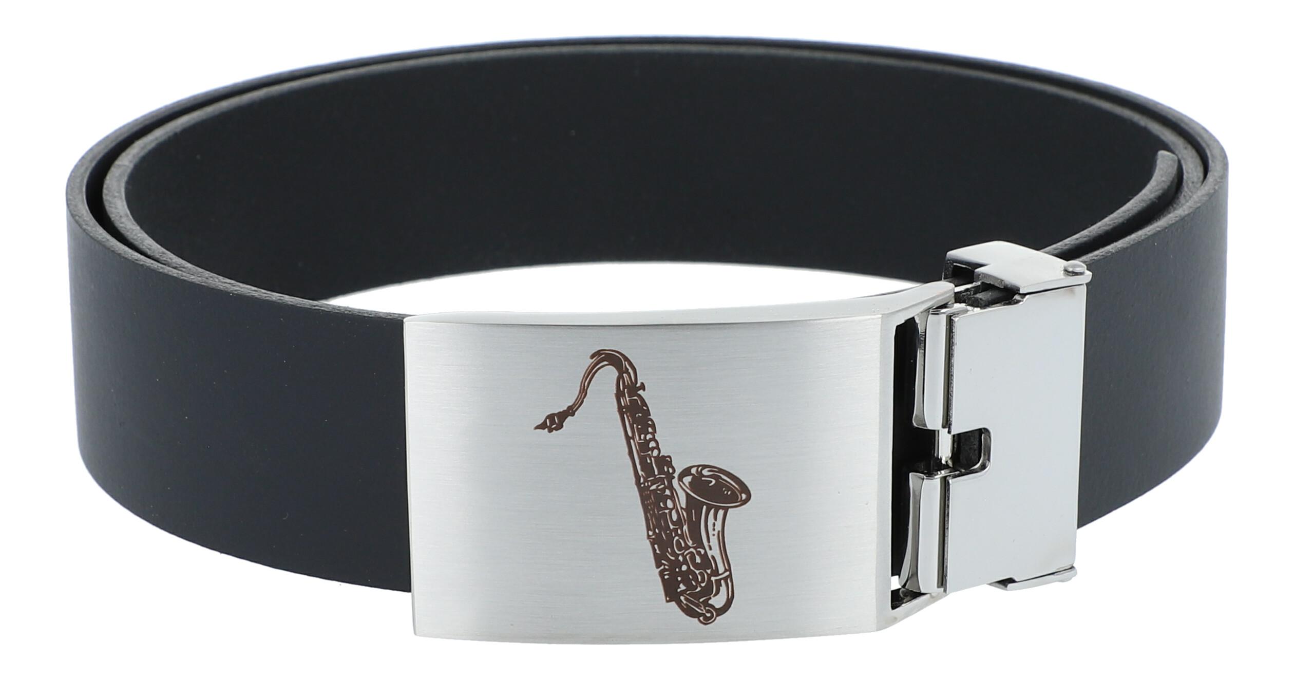 Leather belt with metal buckle, motif saxophone