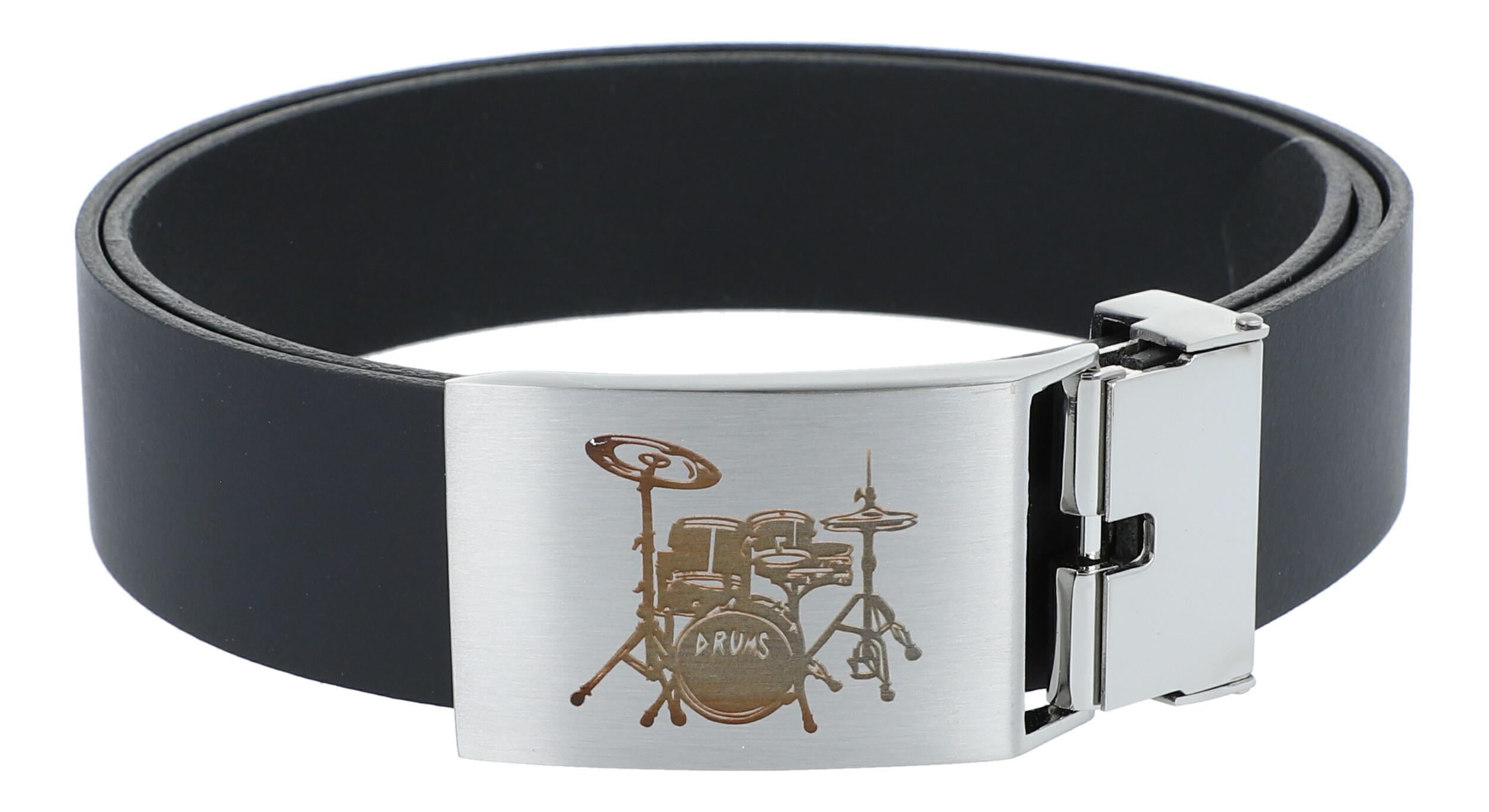 Leather belt with metal buckle, motif drums
