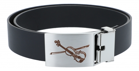 Leather belt with metal buckle, motif violin