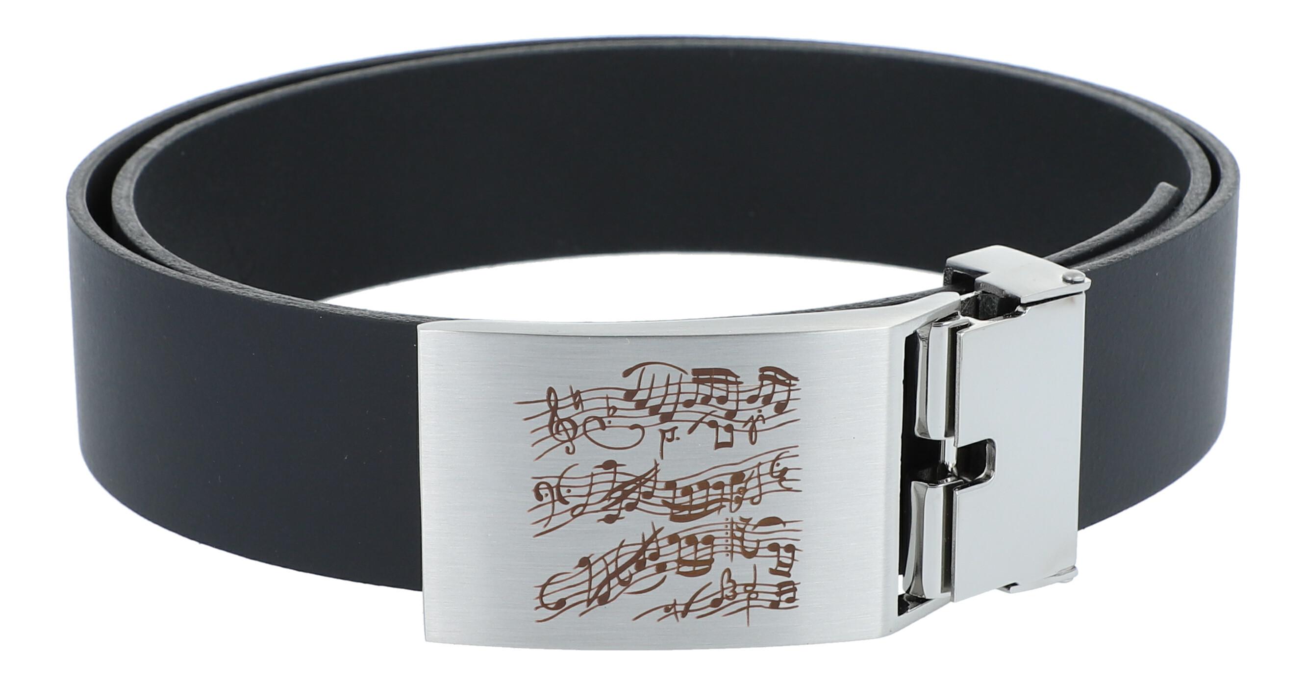 Leather belt with metal buckle, motif lines of notes