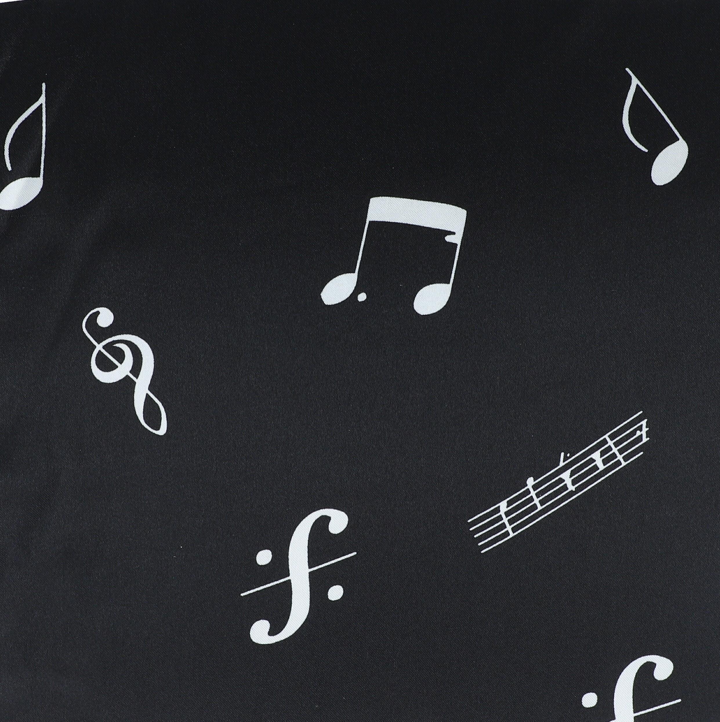 Polyester satin by the meter: white notes on a black background