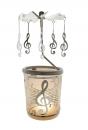 Tea light holder, made of glass and filigree metalwork, carousel with clef pendants
