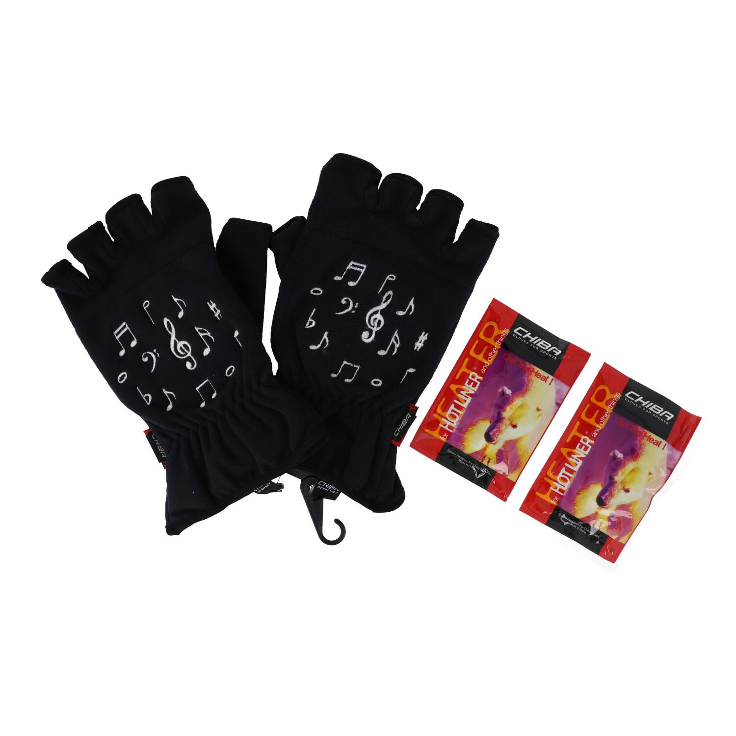 Fleece gloves with musical note motif, two sizes, short finger, with hand warmers